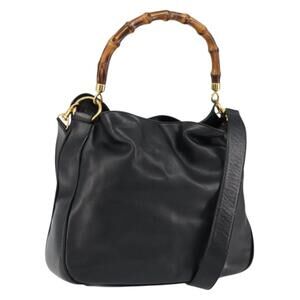 GUCCI Bamboo Hand Bag Leather 2way Black Gold 001 14 1638 Auth 153439